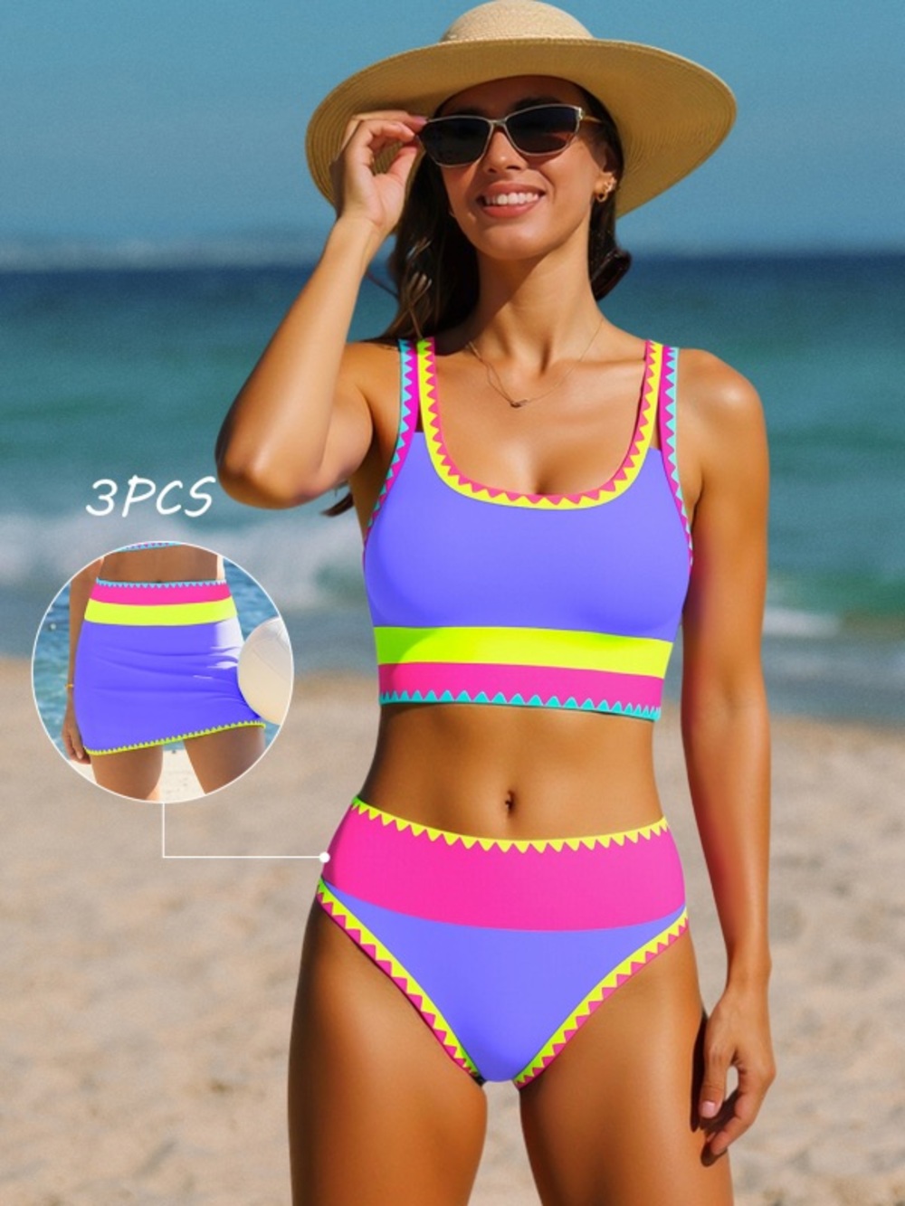 NWT POPVIL - 3 piece Neon Colorblock High-Waist Swim Set